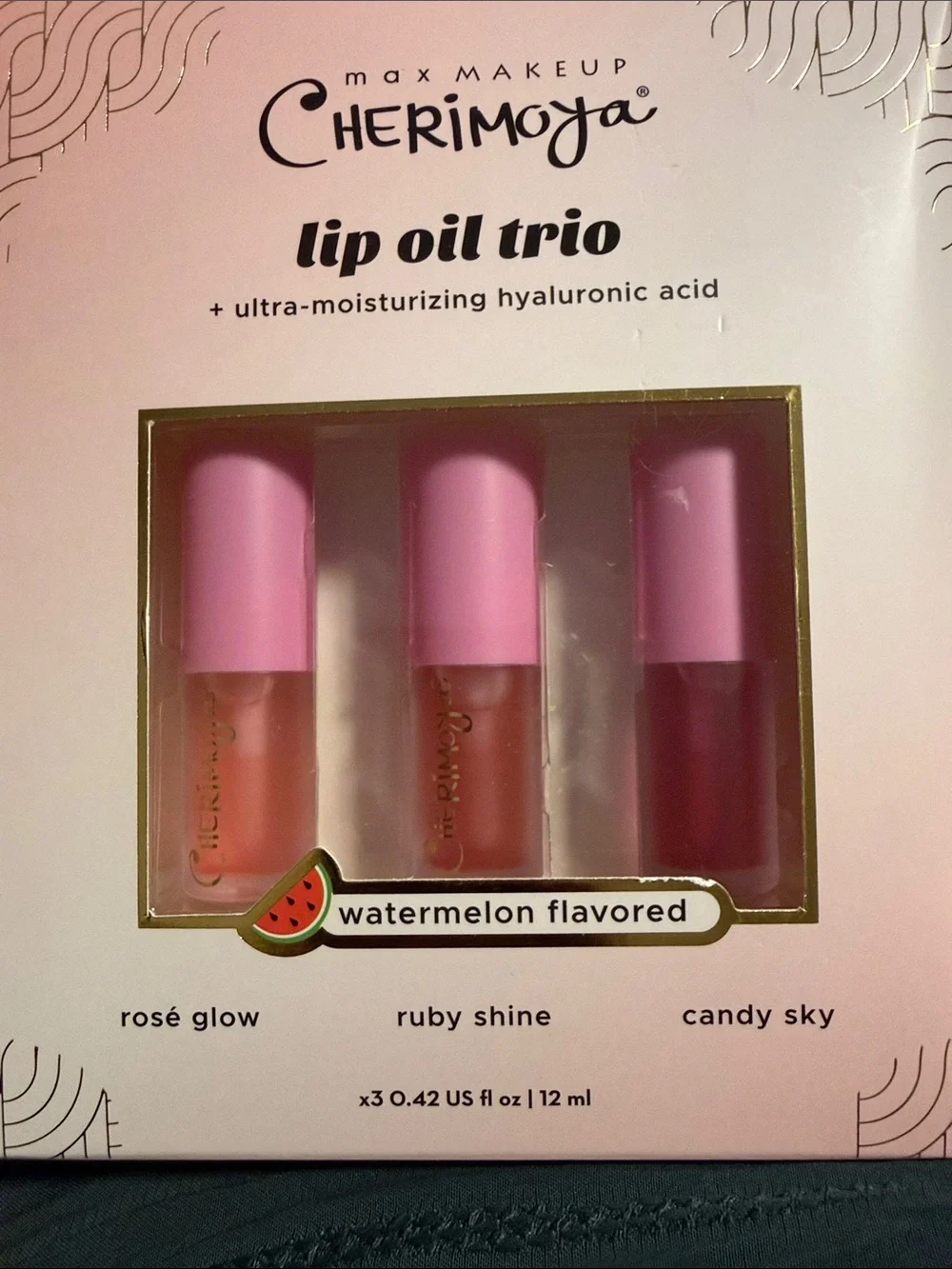 Max Makeup Cherimoya Lip Oil Trio Pink Shades (Rosé Glow, Ruby Shine, Candy Sky)